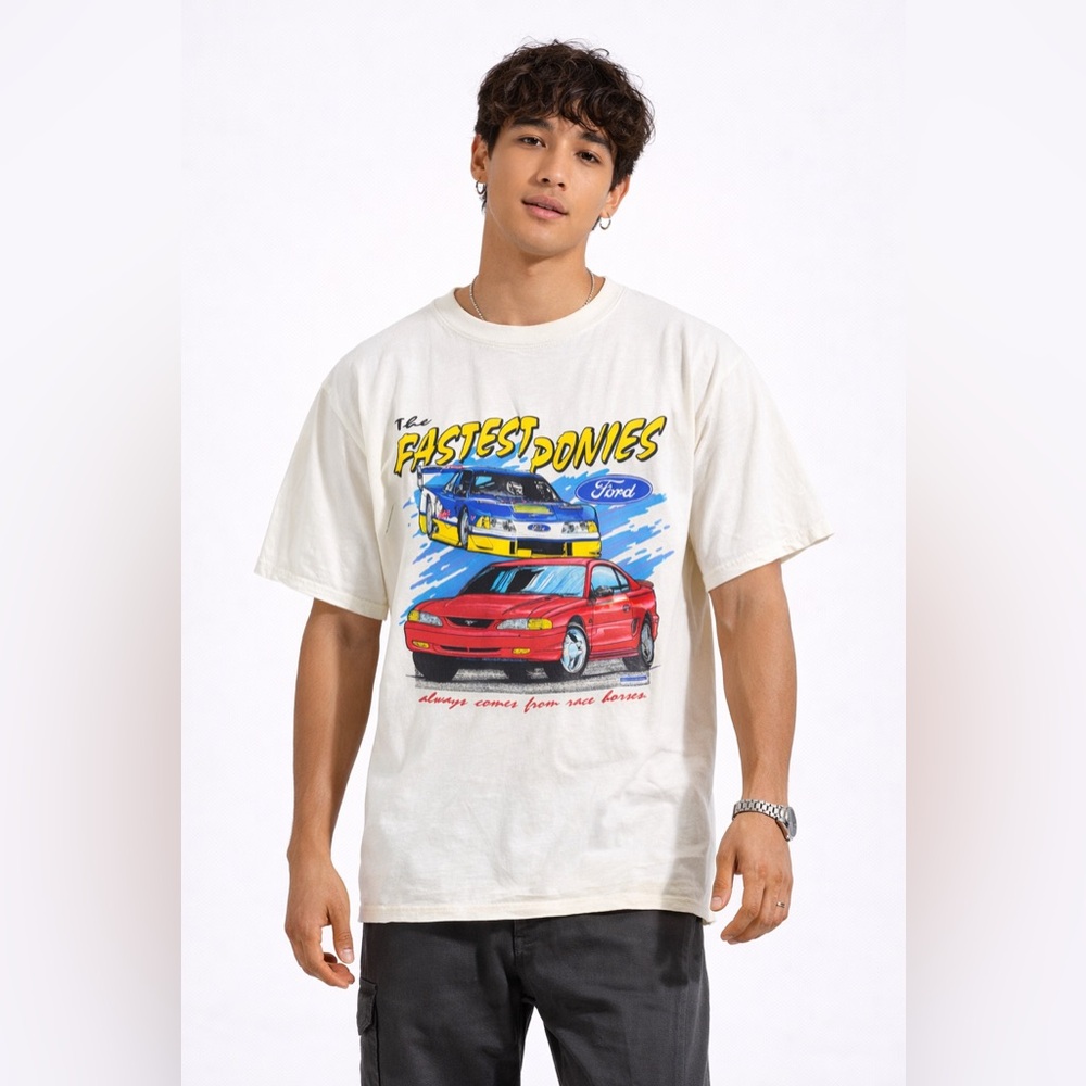 Vintage Ford Mustang Graphic T Shirt Cream Men’s XL Cars USA Made
